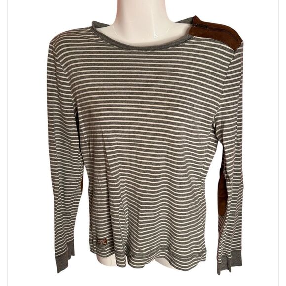 Lauren Ralph Lauren Top Faux Suede Zipper Shoulder Elbow Patch Gray & Ivory - Picture 2 of 9